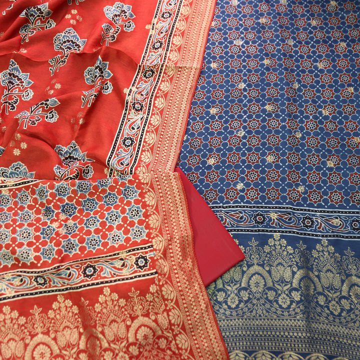 Musafir Navy Blue Zari Woven Hem Ajrak Printed Dola Silk Set