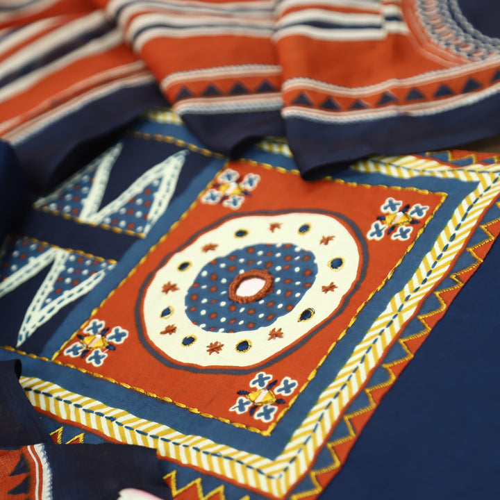 Anisa Royal Blue Ajrakh Printed Yoke with Mirror Cotton Set