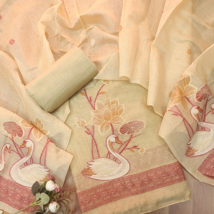 Kush Tan Latte Beige Swan Authentic Jamdani Weaved Hem Chanderi Suit Set