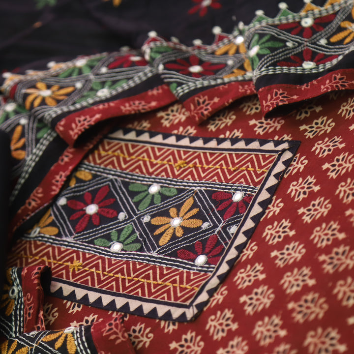 Khairiyat Ruby Red Kutch Work Cotton Top With Cotton Dupatta Set