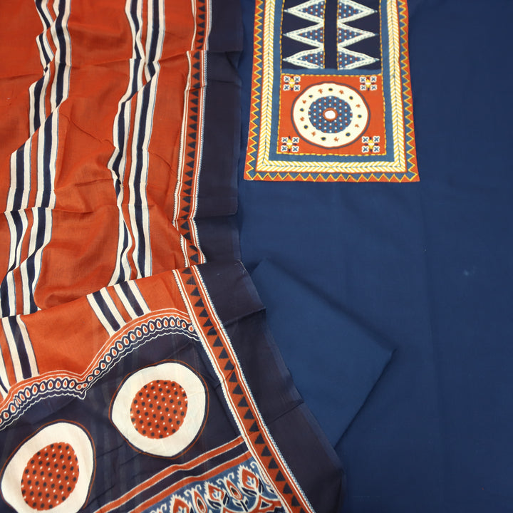 Anisa Royal Blue Ajrakh Printed Yoke with Mirror Cotton Set