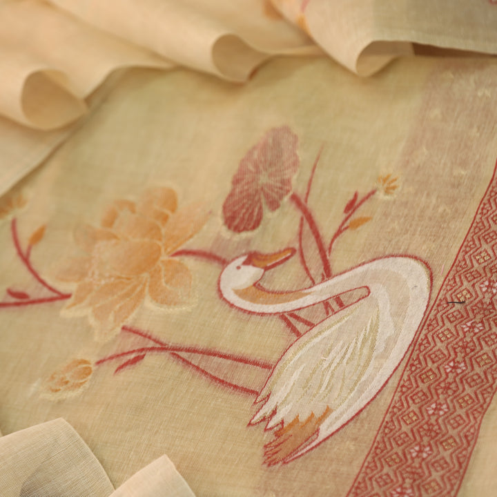 Kush Tan Latte Beige Swan Authentic Jamdani Weaved Hem Chanderi Suit Set