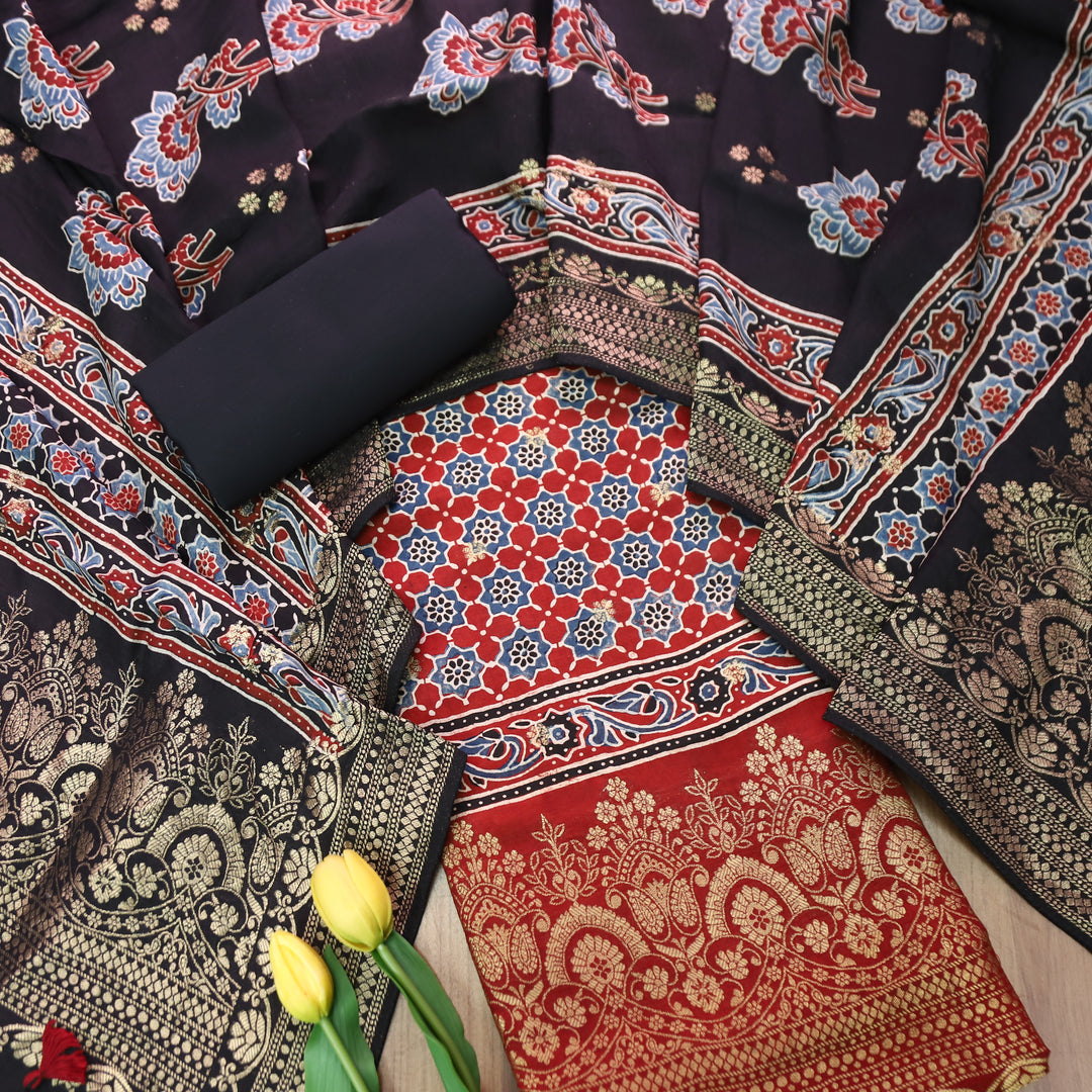 Musafir Marron Red Zari Woven Hem Ajrak Printed Dola Silk Set