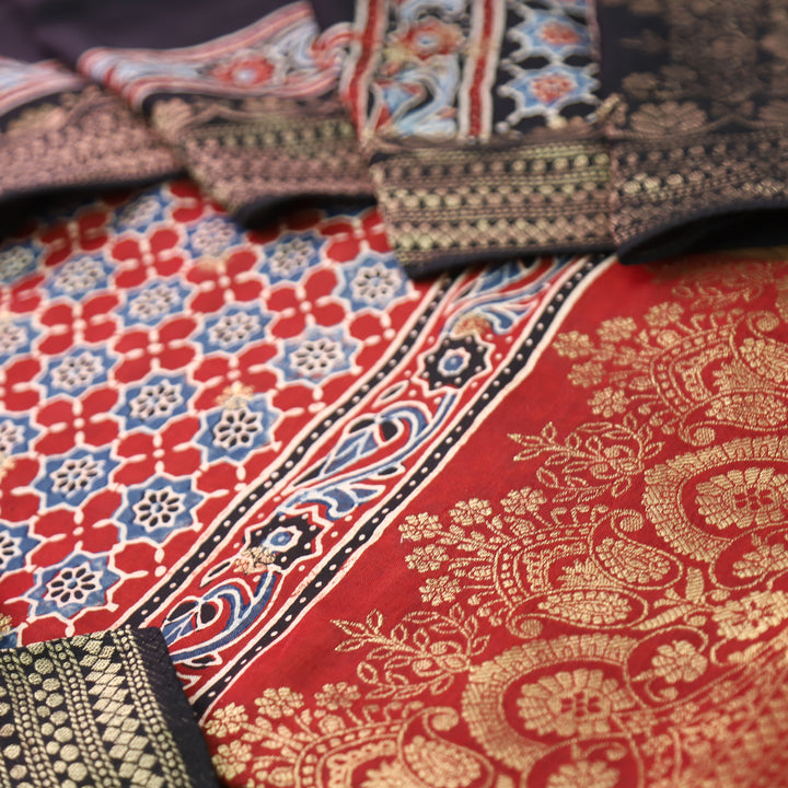 Musafir Marron Red Zari Woven Hem Ajrak Printed Dola Silk Set