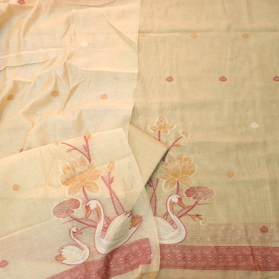 Kush Tan Latte Beige Swan Authentic Jamdani Weaved Hem Chanderi Suit Set
