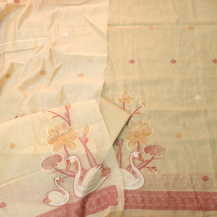 Kush Tan Latte Beige Swan Authentic Jamdani Weaved Hem Chanderi Suit Set