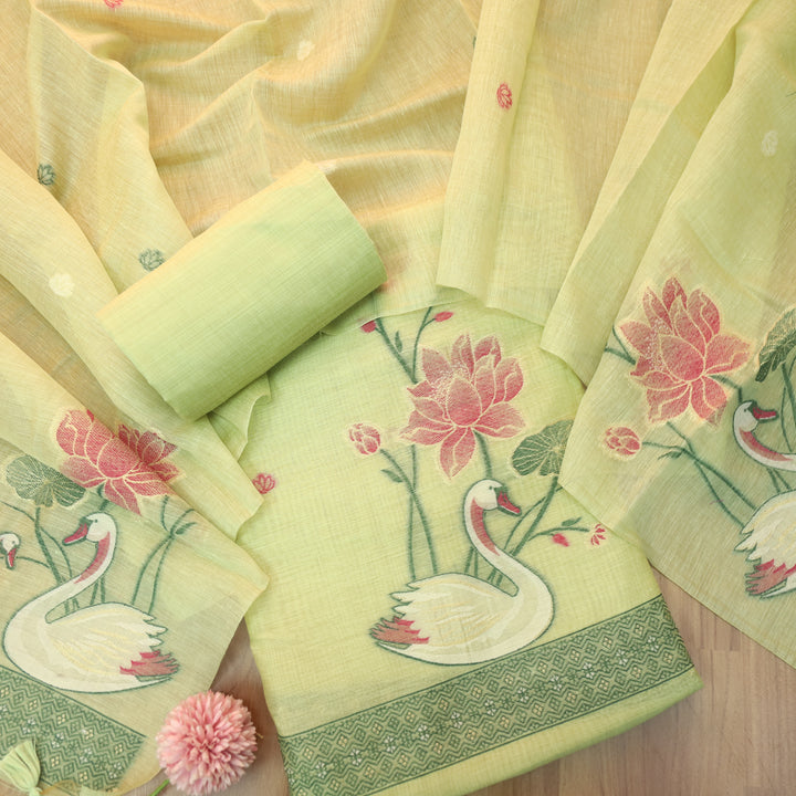 Kush Mojito Mint Swan Authentic Jamdani Weaved Hem Chanderi Suit Set