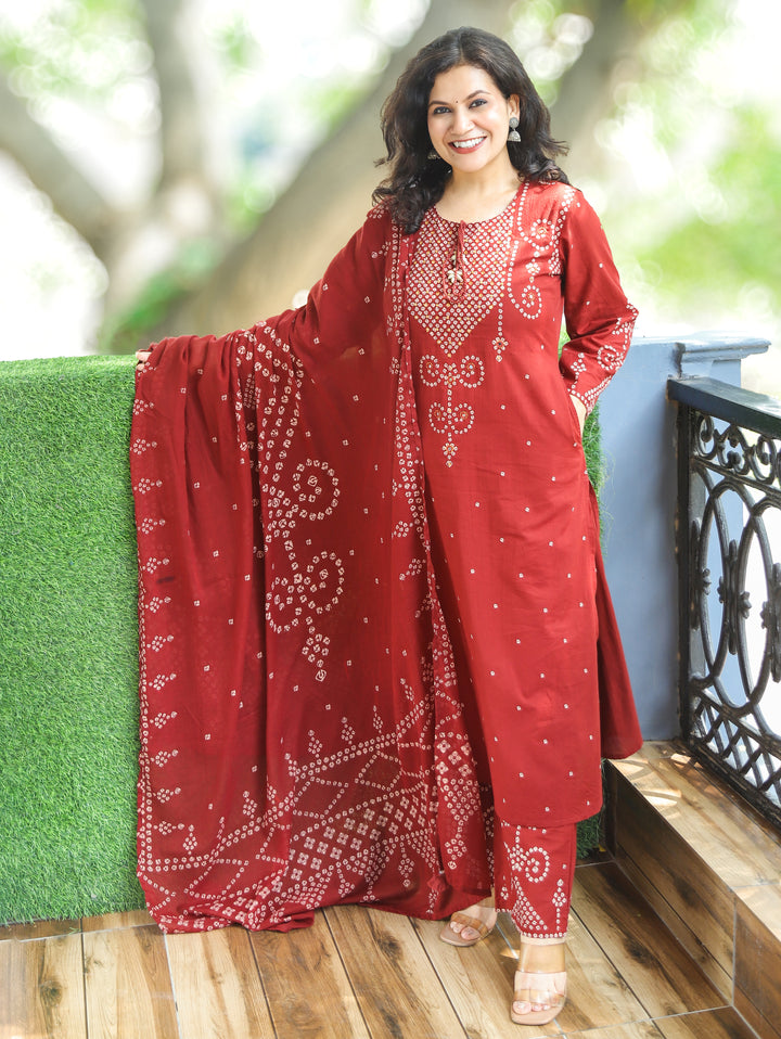 Rudhra Cherry Burgundy Bandhej Print Cotton 3 Piece Set