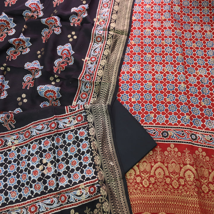 Musafir Marron Red Zari Woven Hem Ajrak Printed Dola Silk Set