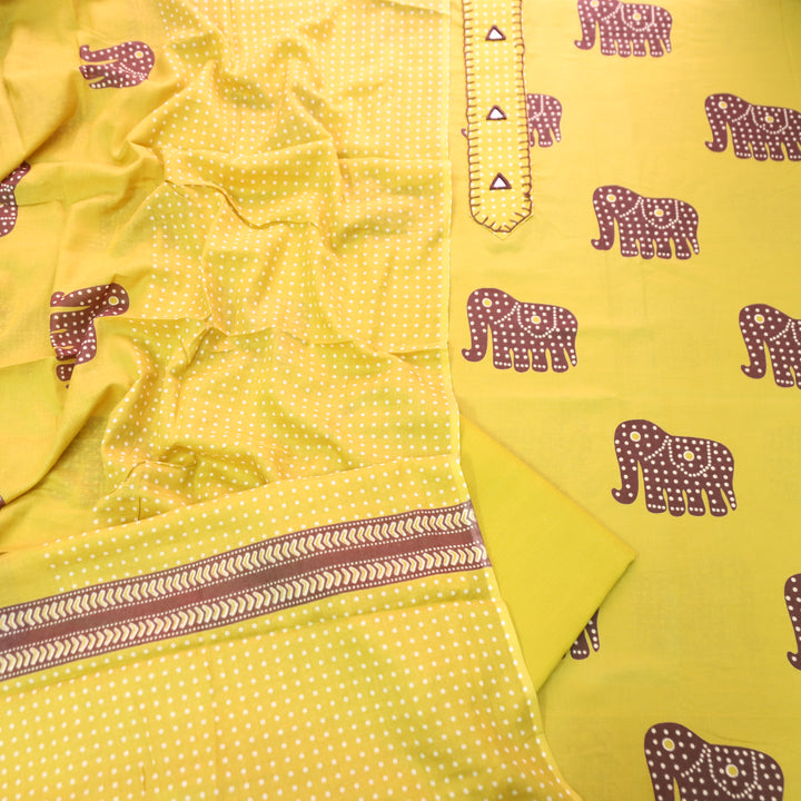 Aathiya Dijon Yellow Mirrro Patch Elephant Print Cotton Set