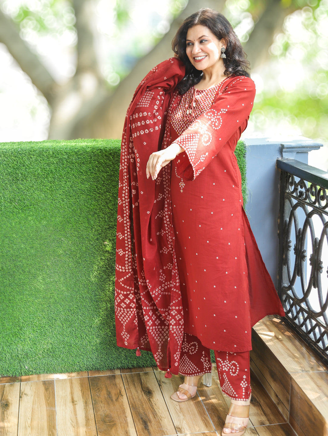 Rudhra Cherry Burgundy Bandhej Print Cotton 3 Piece Set