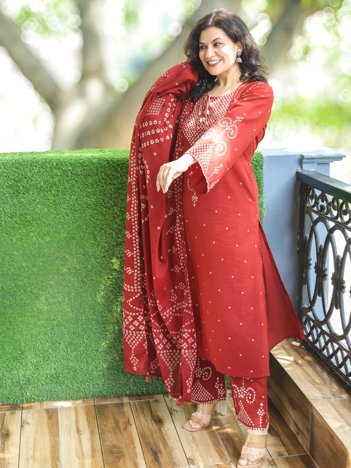 Rudhra Cherry Burgundy Bandhej Print Cotton 3 Piece Set