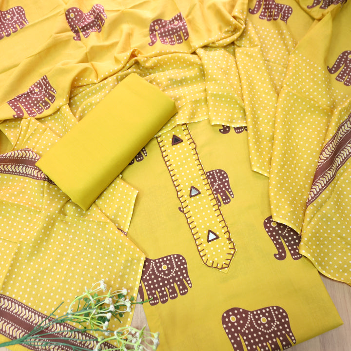 Aathiya Dijon Yellow Mirrro Patch Elephant Print Cotton Set