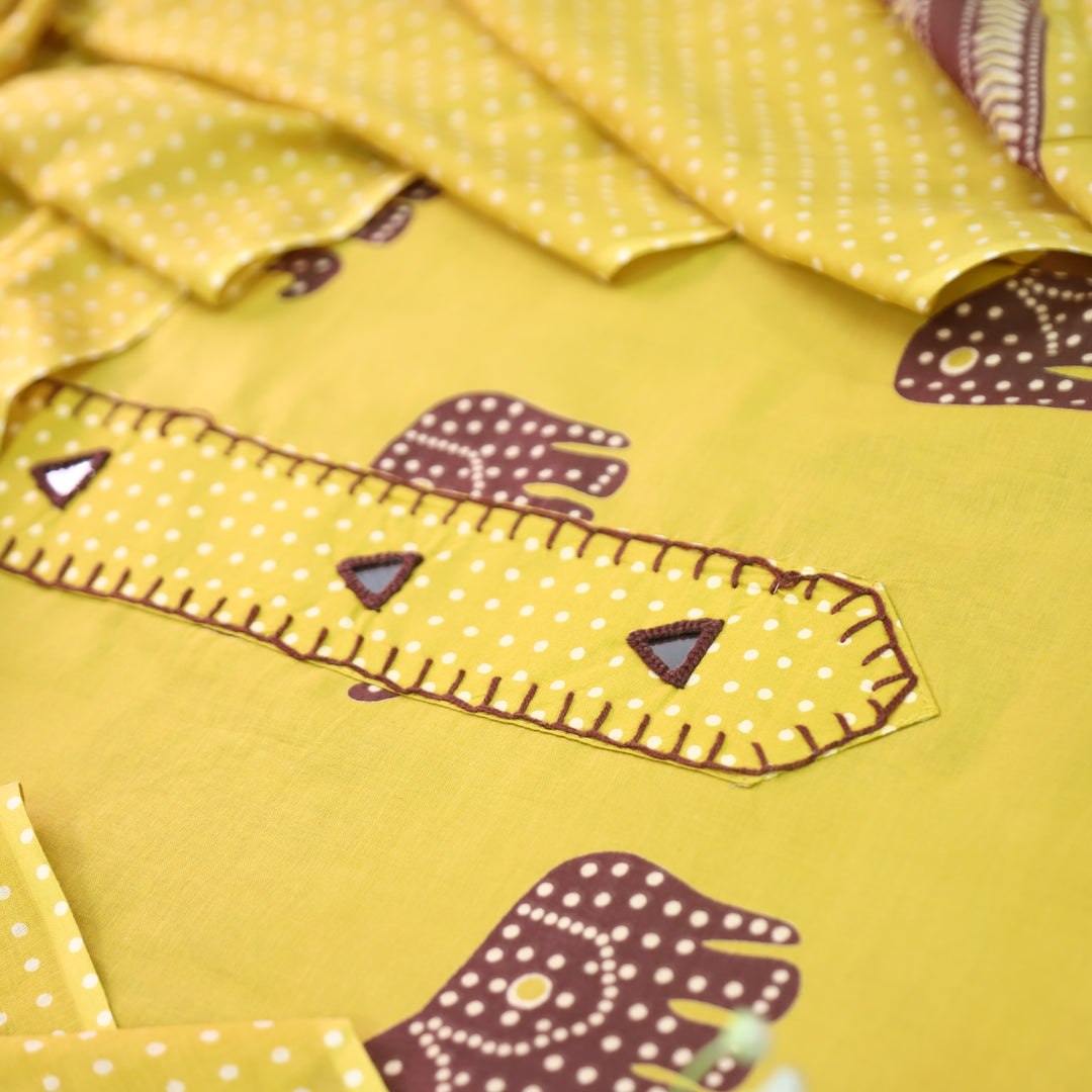 Aathiya Dijon Yellow Mirrro Patch Elephant Print Cotton Set