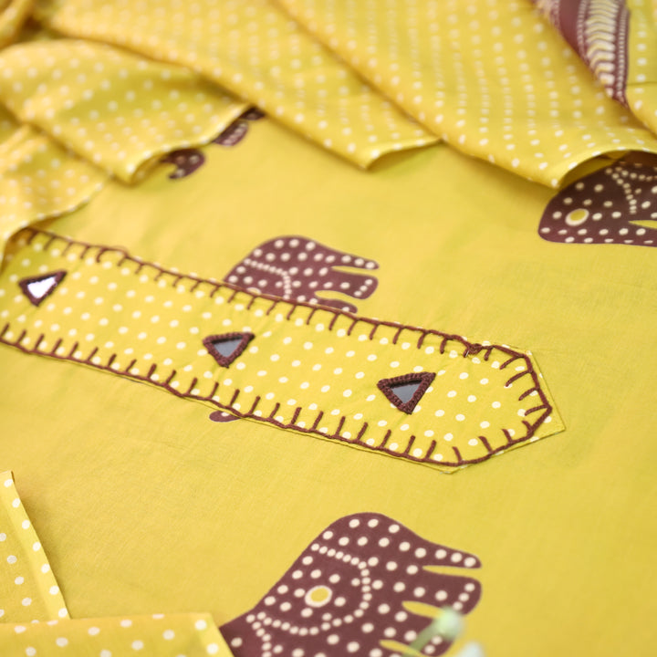 Aathiya Dijon Yellow Mirrro Patch Elephant Print Cotton Set