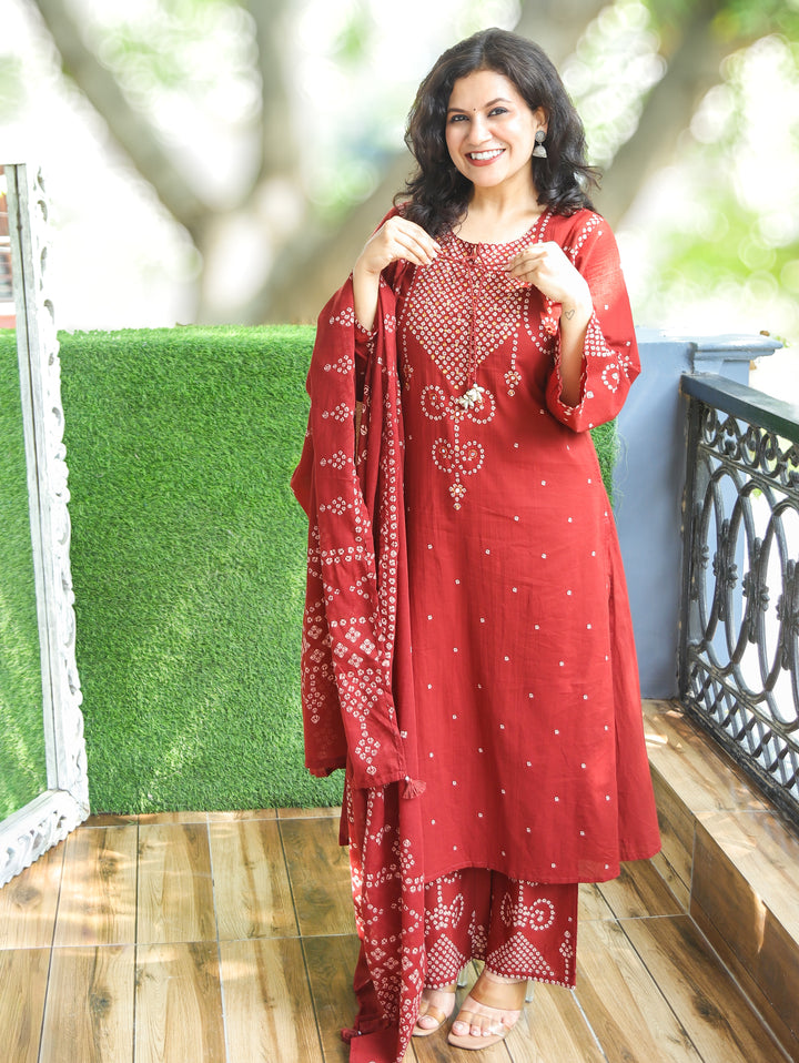 Rudhra Cherry Burgundy Bandhej Print Cotton 3 Piece Set