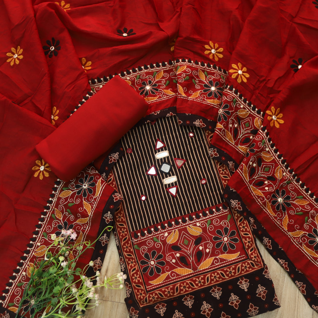 Khairiyat Paint Black Kutch Neck Work with Mirror Cotton Suit Set