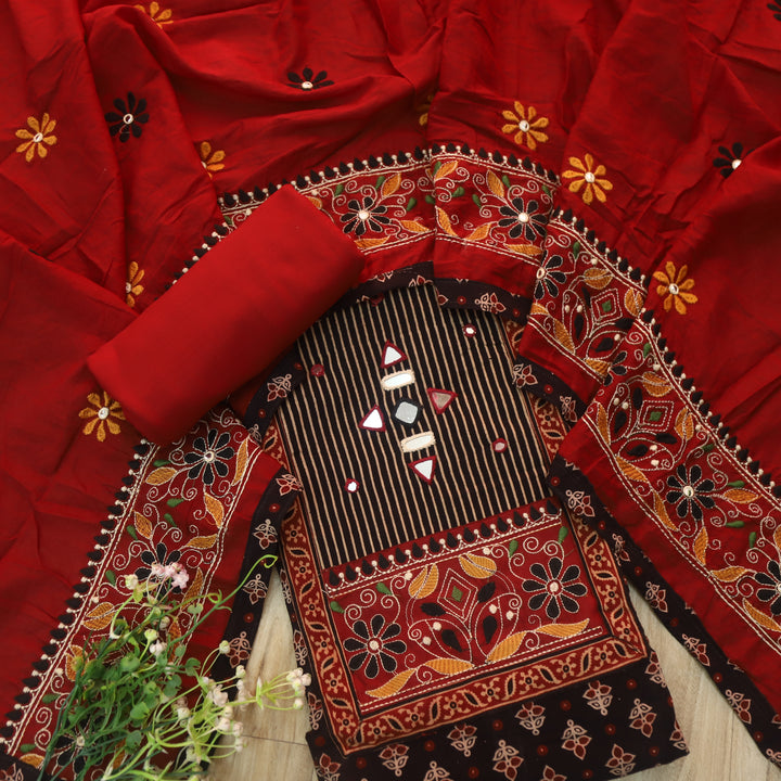 Khairiyat Paint Black Kutch Neck Work with Mirror Cotton Suit Set