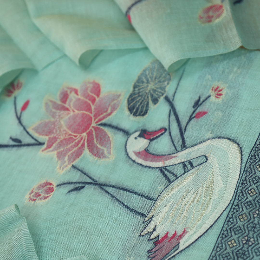 Kush Aqua Ocean Blue Swan Authentic Jamdani Weaved Hem Chanderi Suit Set