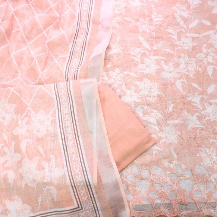 Muskan Peach Floral Printed Cut Work Hem Cotton Linen Set