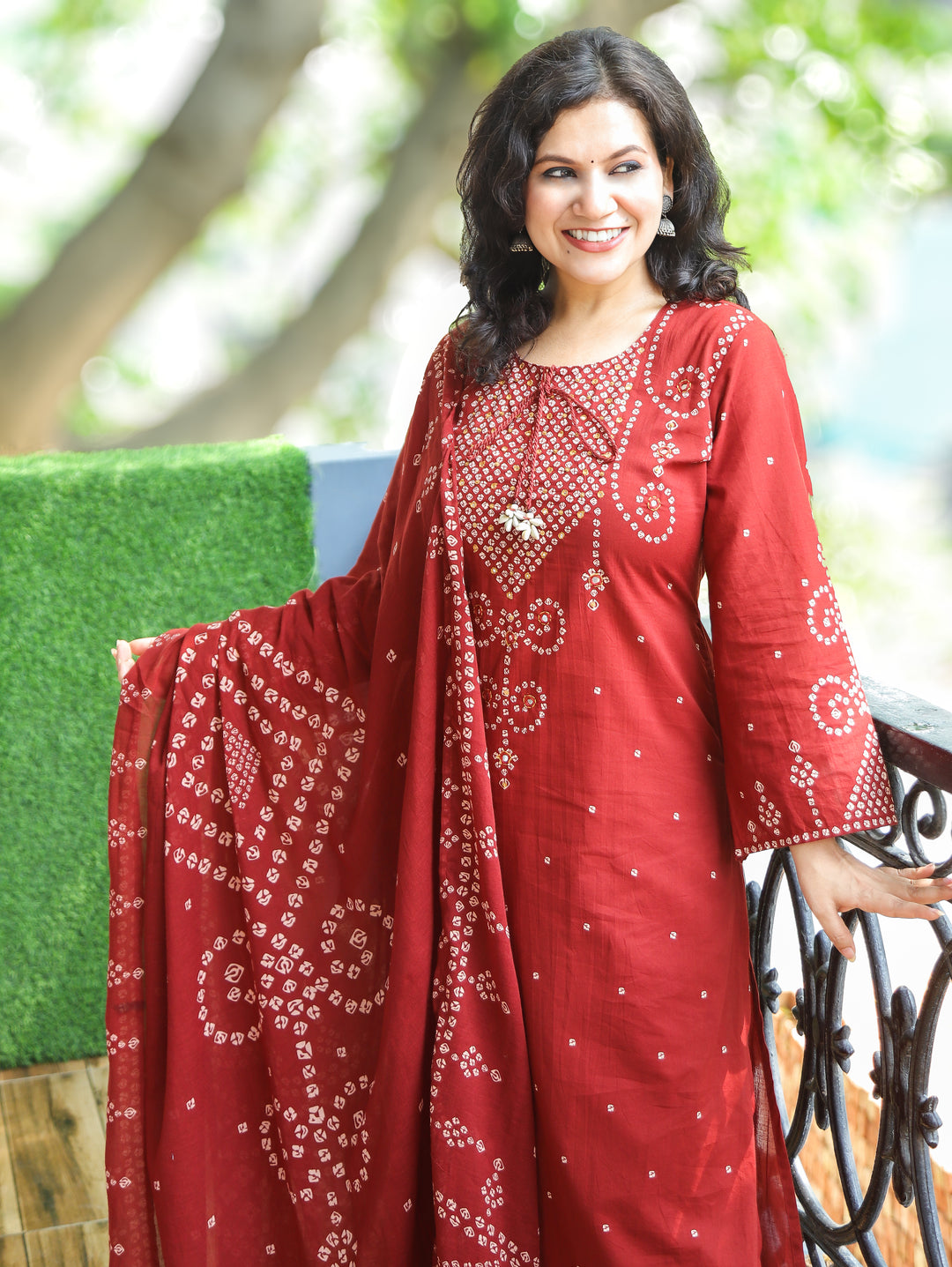 Rudhra Cherry Burgundy Bandhej Print Cotton 3 Piece Set