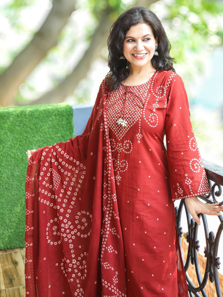 Rudhra Cherry Burgundy Bandhej Print Cotton 3 Piece Set