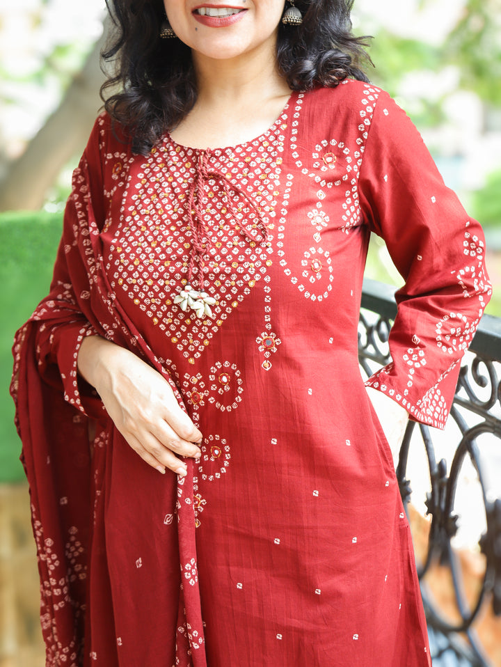 Rudhra Cherry Burgundy Bandhej Print Cotton 3 Piece Set