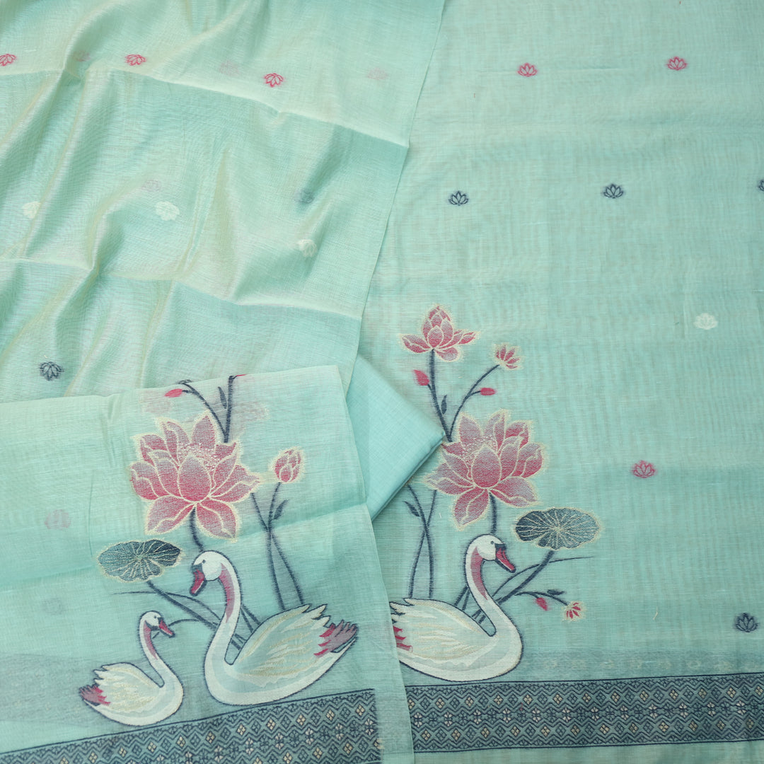 Kush Aqua Ocean Blue Swan Authentic Jamdani Weaved Hem Chanderi Suit Set