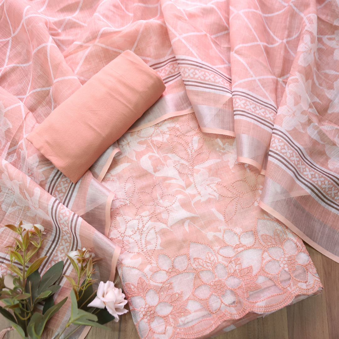 Muskan Peach Floral Printed Cut Work Hem Cotton Linen Set