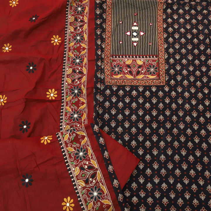 Khairiyat Paint Black Kutch Neck Work with Mirror Cotton Suit Set