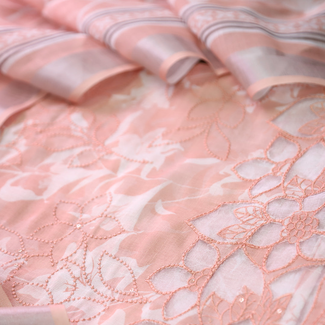 Muskan Peach Floral Printed Cut Work Hem Cotton Linen Set