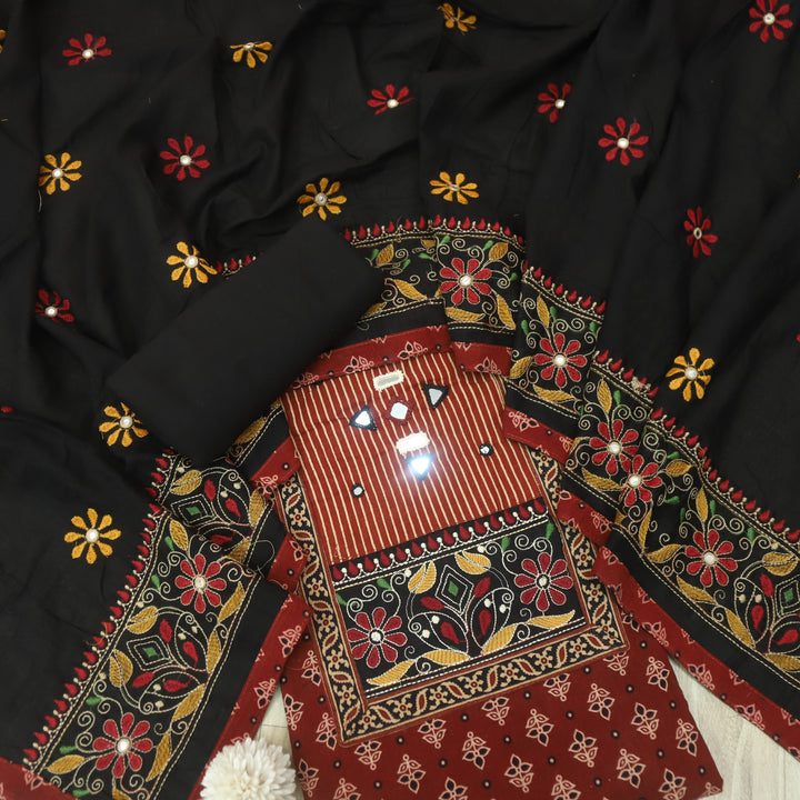 Khairiyat Blood Red Kutch Neck Work with Mirror Cotton Suit Set