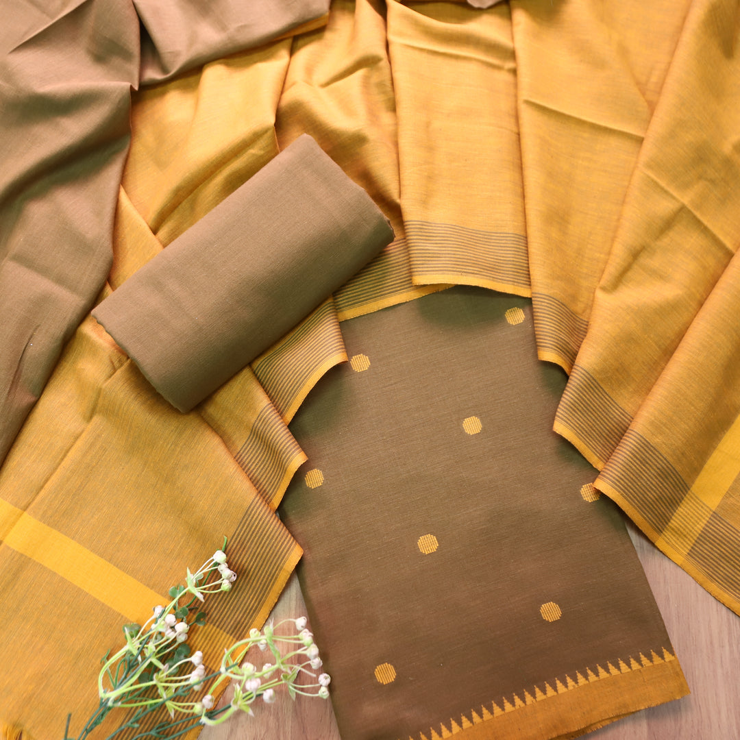 Gayatri Tan Coffee Woven Temple Hem South Cotton Set
