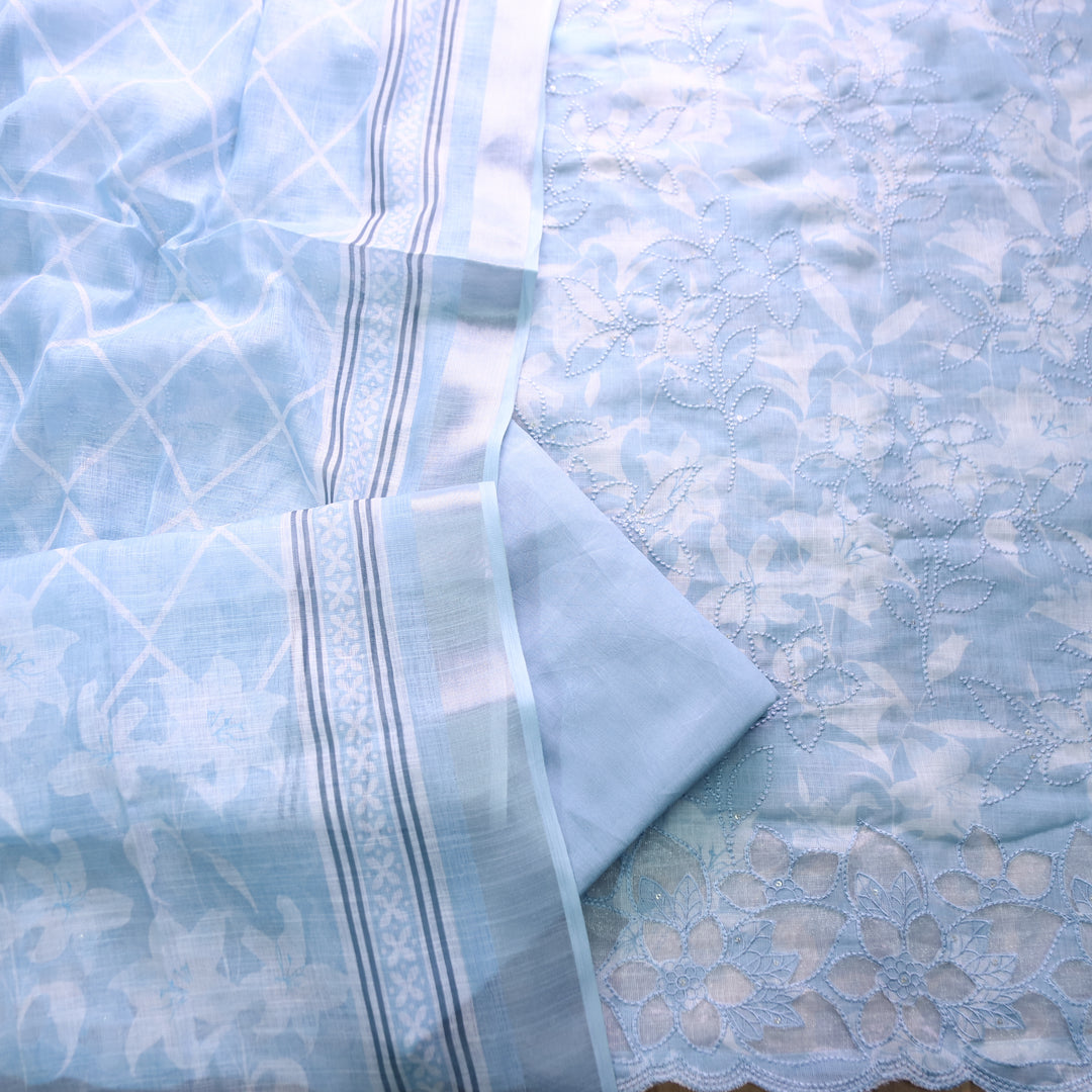 Muskan Powder Blue Floral Printed Cut Work Hem Cotton Linen Set