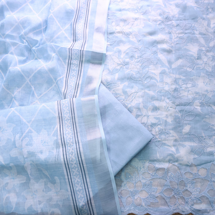 Muskan Powder Blue Floral Printed Cut Work Hem Cotton Linen Set