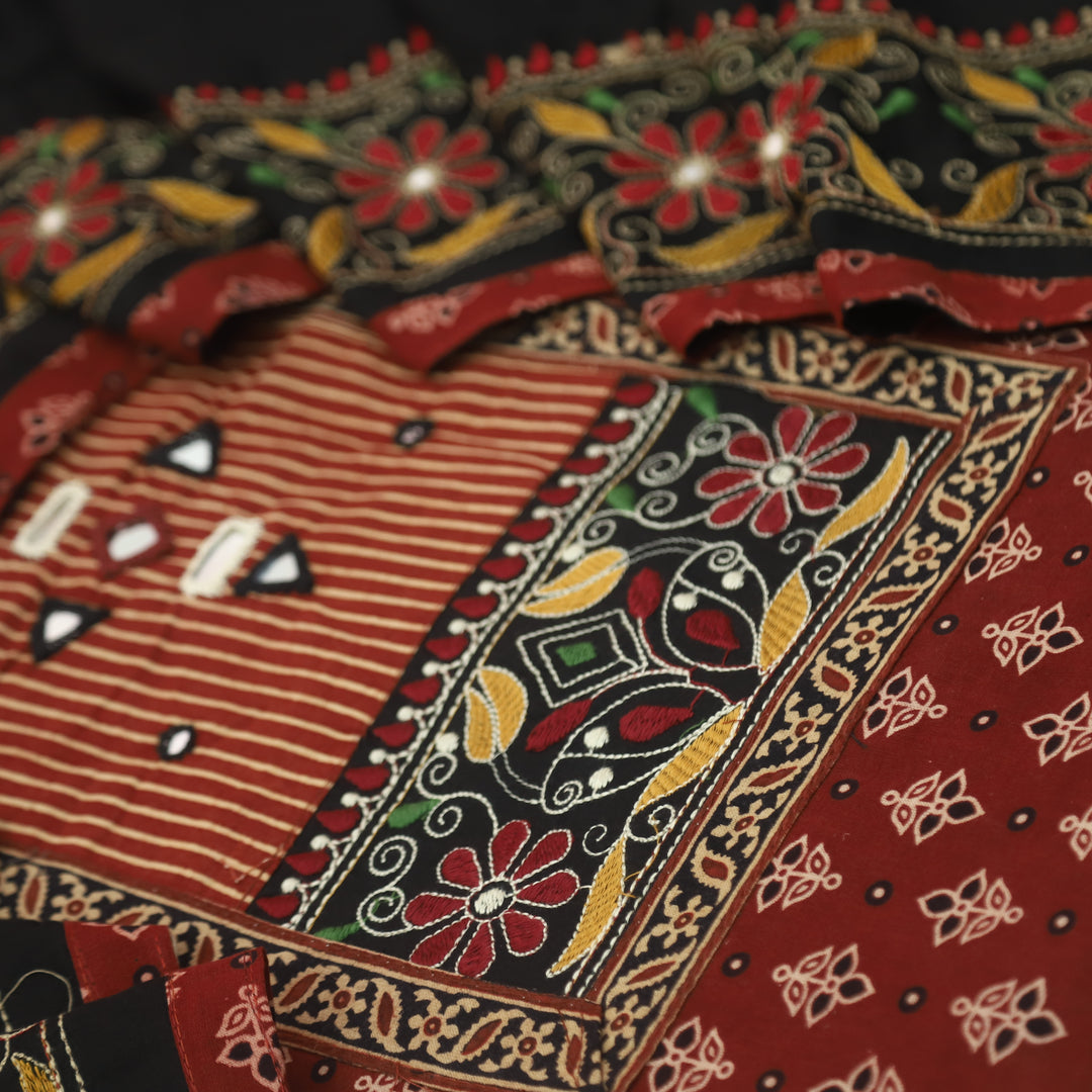 Khairiyat Blood Red Kutch Neck Work with Mirror Cotton Suit Set