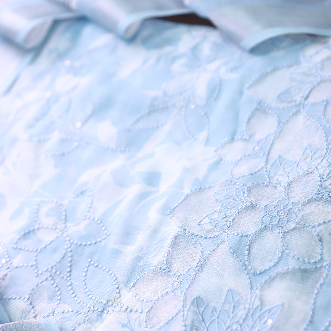 Muskan Powder Blue Floral Printed Cut Work Hem Cotton Linen Set