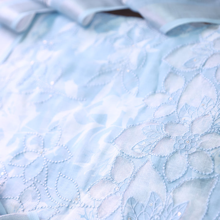 Muskan Powder Blue Floral Printed Cut Work Hem Cotton Linen Set