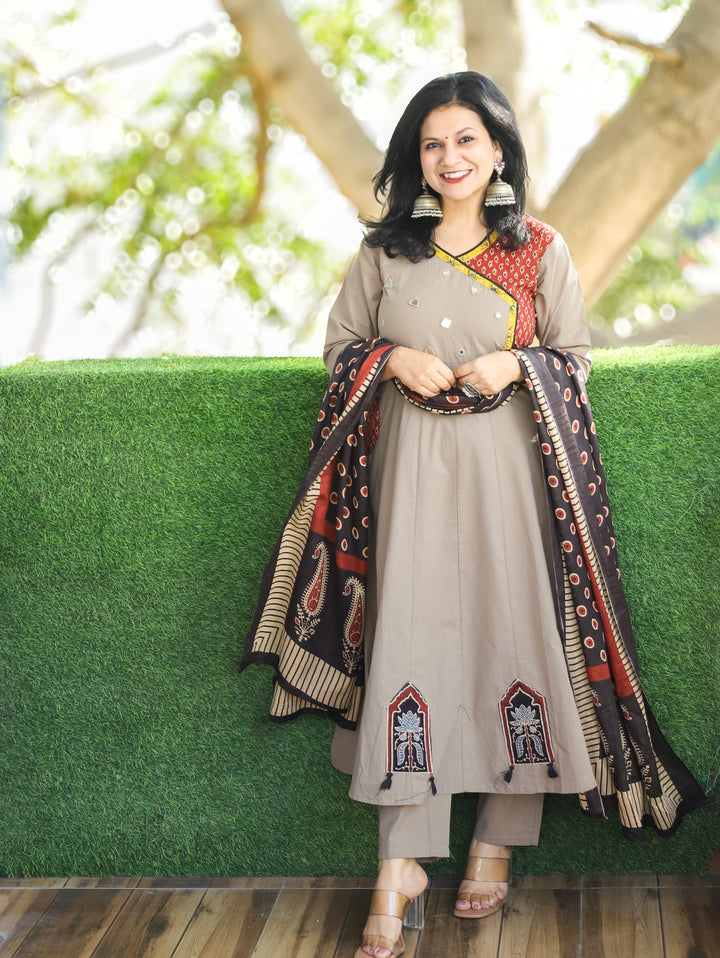 Sharvari Tan Hazel Ajrak Yoke with Mirror Angrakha Style Anarkali Cotton 3 Piece with Pocket
