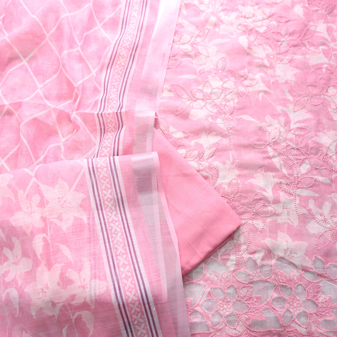 Muskan Softy Pink Floral Printed Cut Work Hem Cotton Linen Set
