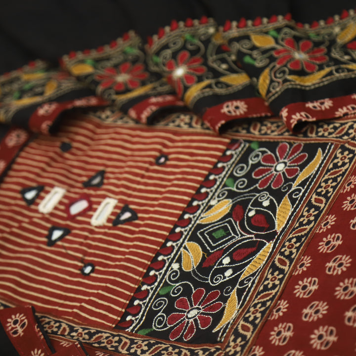 Kudmayi Cherry Maroon Mirror Work In Kutch Work Cotton Suit Set