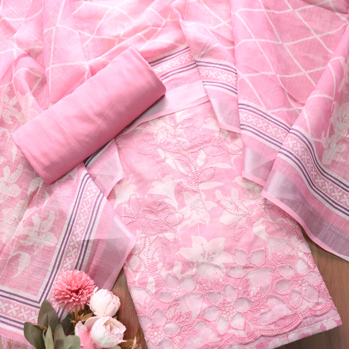 Muskan Softy Pink Floral Printed Cut Work Hem Cotton Linen Set