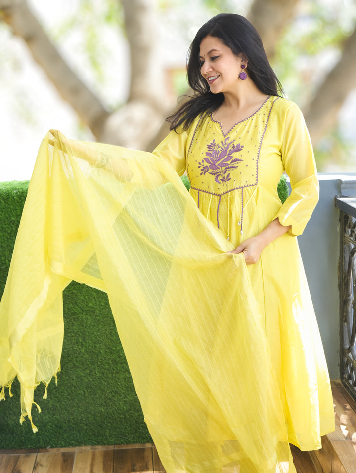 Diana Butter Yellow Applique Mul Chanderi 3 Piece Set