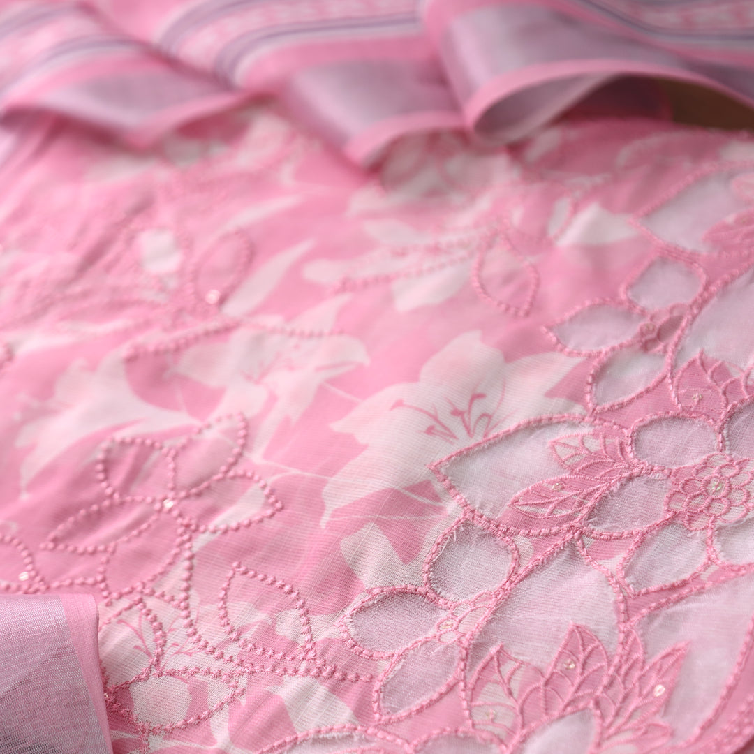 Muskan Softy Pink Floral Printed Cut Work Hem Cotton Linen Set