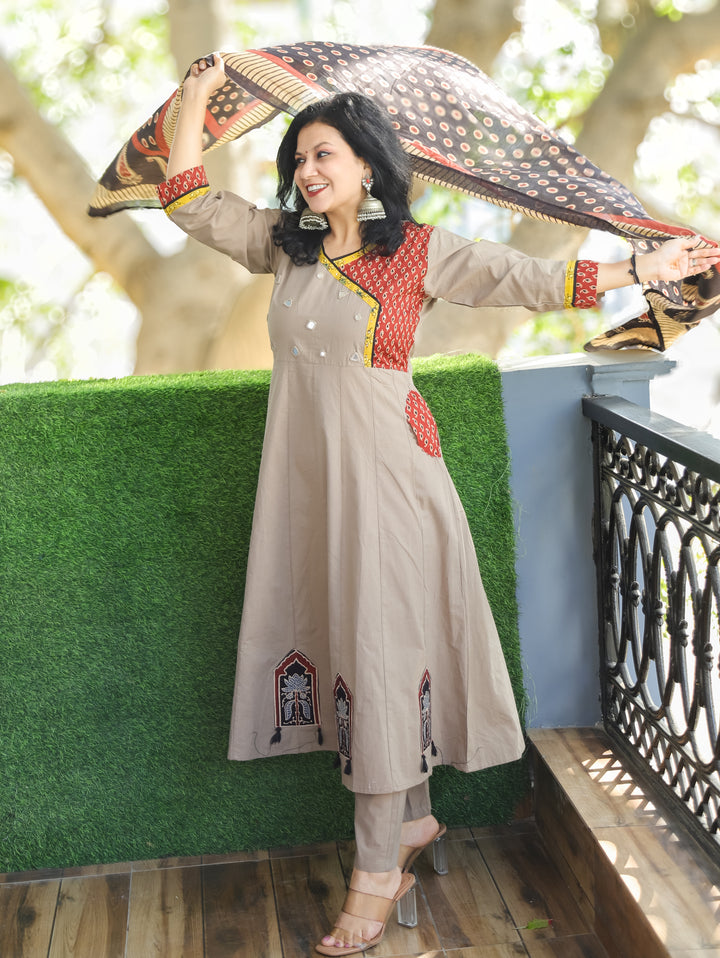Sharvari Tan Hazel Ajrak Yoke with Mirror Angrakha Style Anarkali Cotton 3 Piece with Pocket