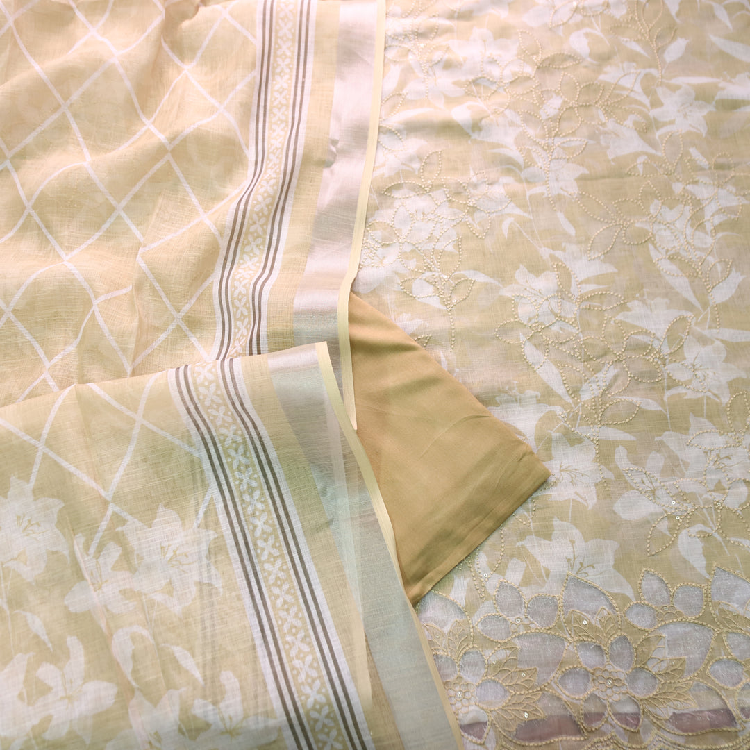 Muskan Sand Yellow Floral Printed Cut Work Hem Cotton Linen Set
