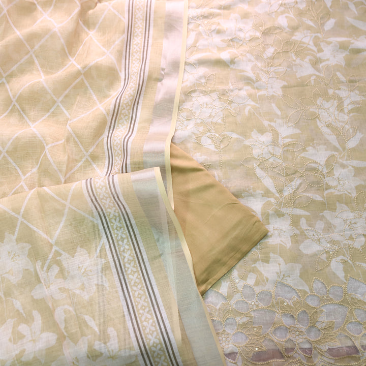 Muskan Sand Yellow Floral Printed Cut Work Hem Cotton Linen Set