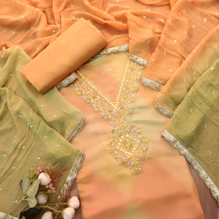 Roohi Pumpkin Orange with Embellish V Neck Work in Shimmer Tissue Silk Set