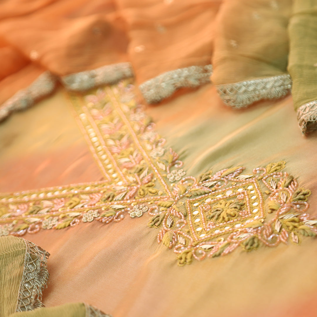 Roohi Pumpkin Orange with Embellish V Neck Work in Shimmer Tissue Silk Set