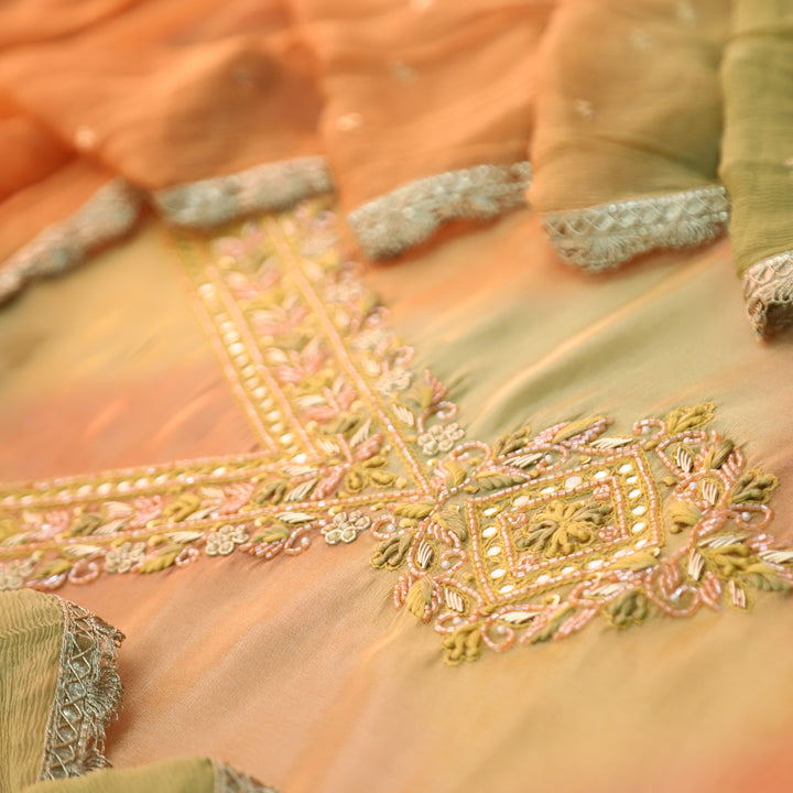 Roohi Pumpkin Orange with Embellish V Neck Work in Shimmer Tissue Silk Set